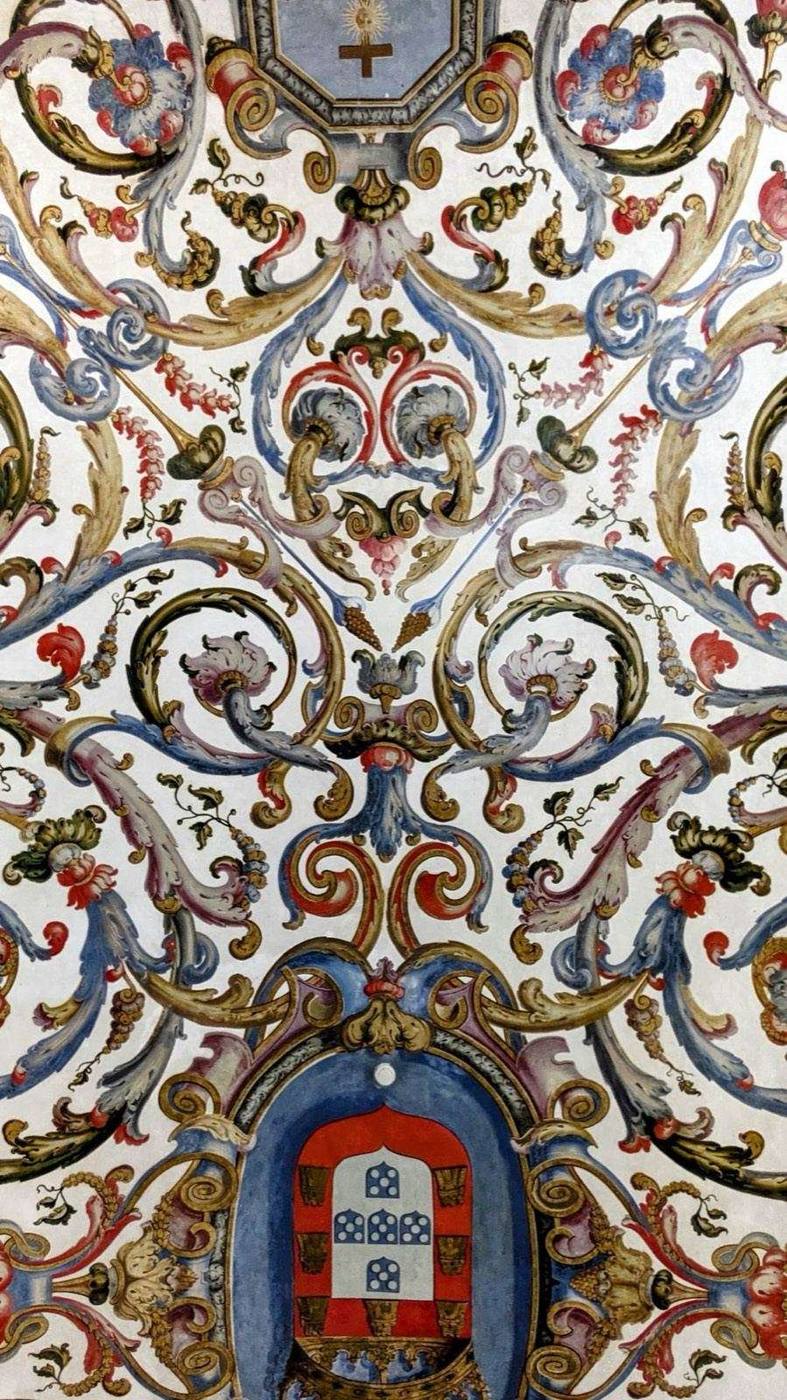 Detail of a painted ceiling with a Portuguese coat of arms, Coimbra