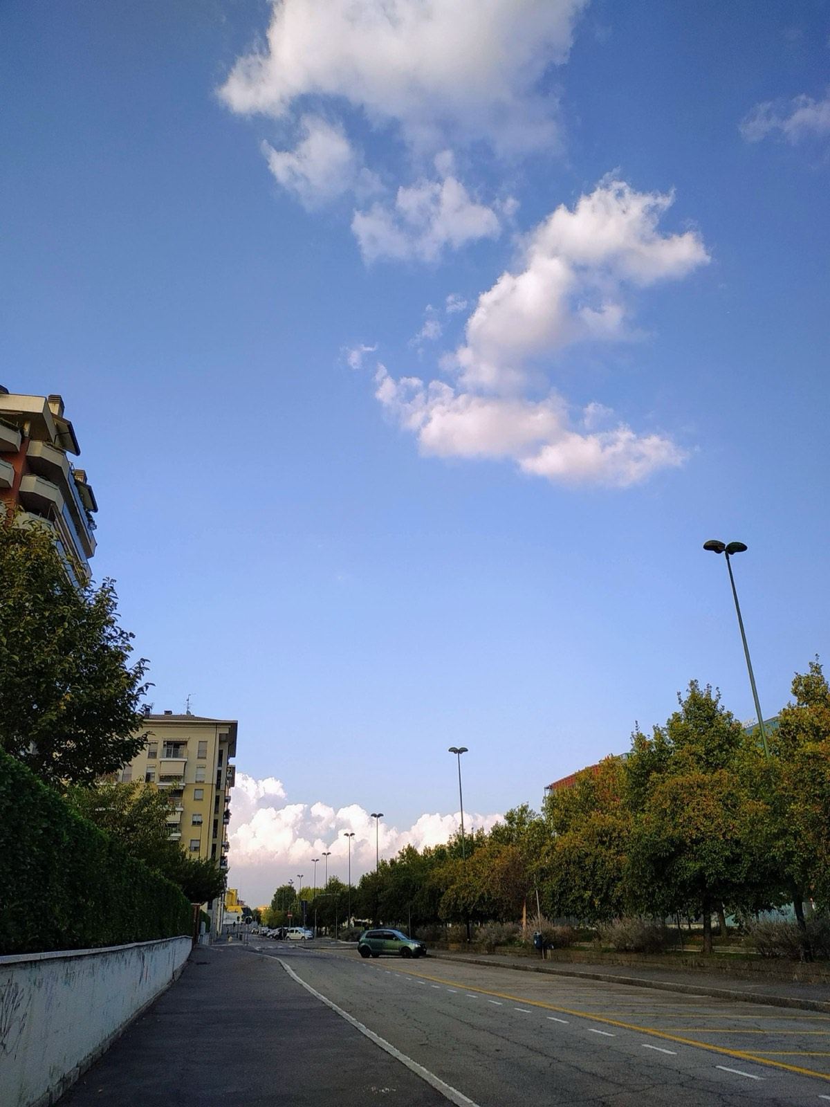 A tree-lined road under a blue sky with scattered clouds